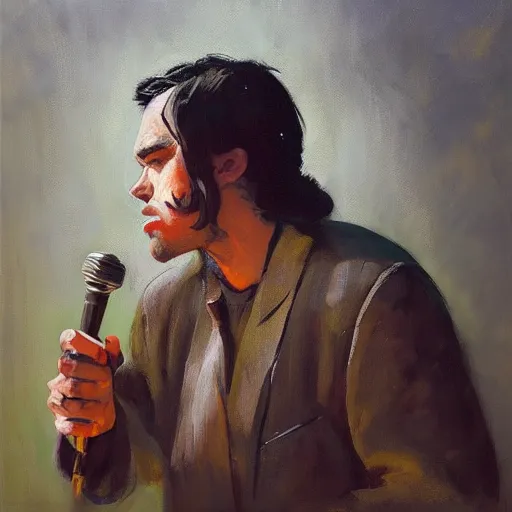 Prompt: greg manchess portrait painting of a male folk singer and a vintage microphone, medium shot, asymmetrical, profile picture, organic painting, sunny day, matte painting, bold shapes, hard edges, street art, trending on artstation, by huang guangjian and gil elvgren and sachin teng