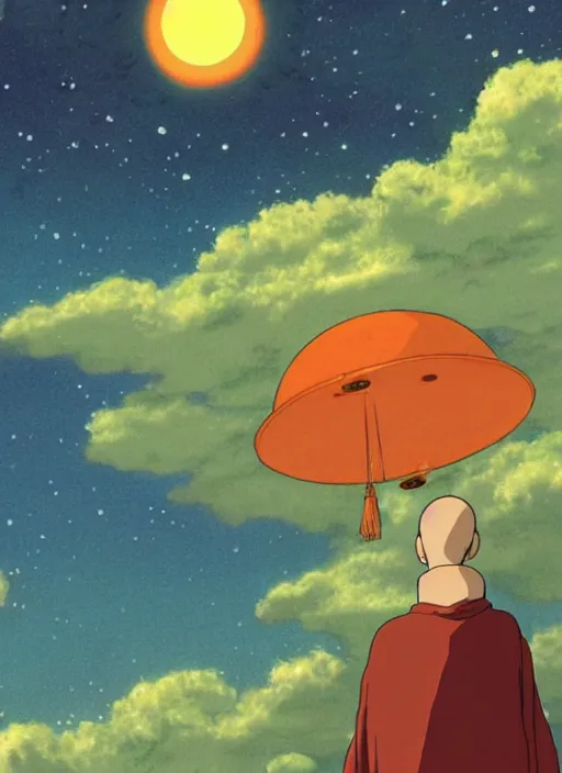 Image similar to a realistic cell - shaded studio ghibli concept art from paprika ( 2 0 0 6 ) of a floating cube from close encounters of the third kind ( 1 9 7 7 ) and a monk meditating on a misty starry night. very dull colors, hd, 4 k, hq