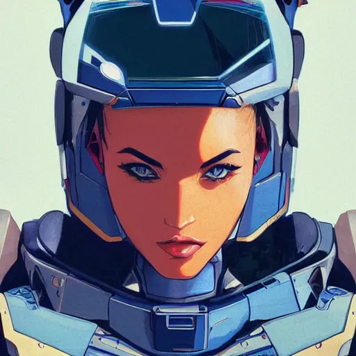 Prompt: a portrait of a stunning beautiful elite megan fox gundam pilot, with an intricate, detailed, urban inspired hiphop afro futuristic helmet, vector behance hd jesper ejsing, rhads, makoto shinkai, lois van baarle, ilya kuvshinov, rossdraws, hd, 3 2 k, ilya kuvshinov, gustav klimt