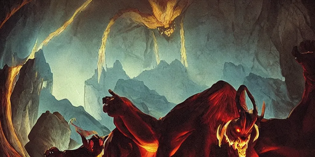 Prompt: a balrog emerging from the depths of moria. painting by georges de la tour, link from the legend of zelda is waiting