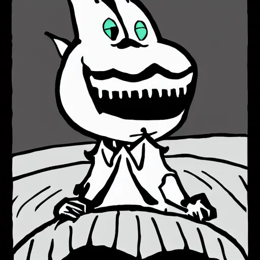 Prompt: evil creepy killer moomin with mouth open and several rows of pointy teeth, comic book style