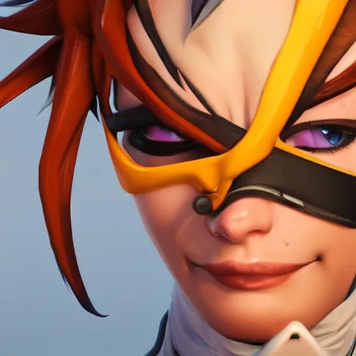 Image similar to tracer from overwatch as human photograph, close - up, detailed, publicity