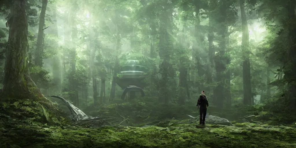 Prompt: a man finding a ancient giant ruined alien spaceship in a forest, anime style, octane render, hyperrealistic, unreal engine 5, fancy lighting, trending on Artstation, highly detailed, high quality, post processed, 8K HDR, 3D render, concept art