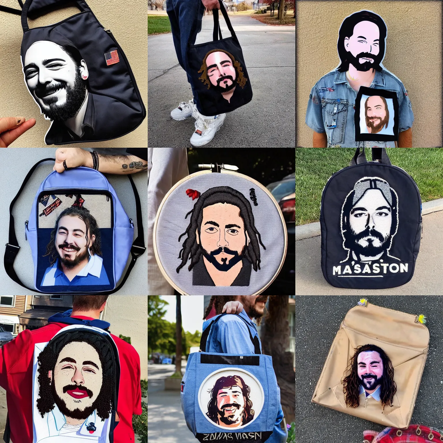 Prompt: a mail carrier's bag with post malone's face embroidered on it