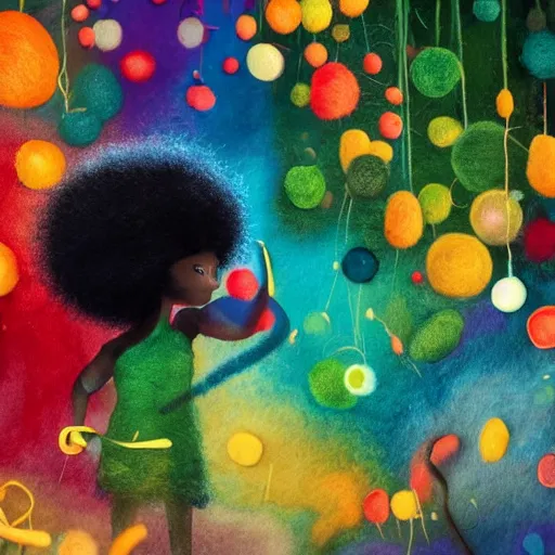 Image similar to a black girl with a colorful afro in a candy forest at night, bokeh, bright colours, watercolor, volumetric wool felting, macro photography, children illustration, by goro fujita