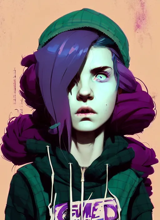 Prompt: highly detailed portrait of a sewer punk lady student, blue eyes, tartan hoody, purple hair by atey ghailan, by greg rutkowski, by greg tocchini, by james gilleard, by joe fenton, by kaethe butcher, gradient green, black, brown and magenta color scheme, grunge aesthetic!!! ( ( graffiti tag wall background ) )