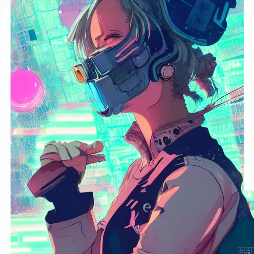 Prompt: zoom - out, a grungy cyberpunk anime, very cute, by super ss, cyberpunk fashion, curly pink hair, night sky by wlop, james jean, victo ngai, highly detailed