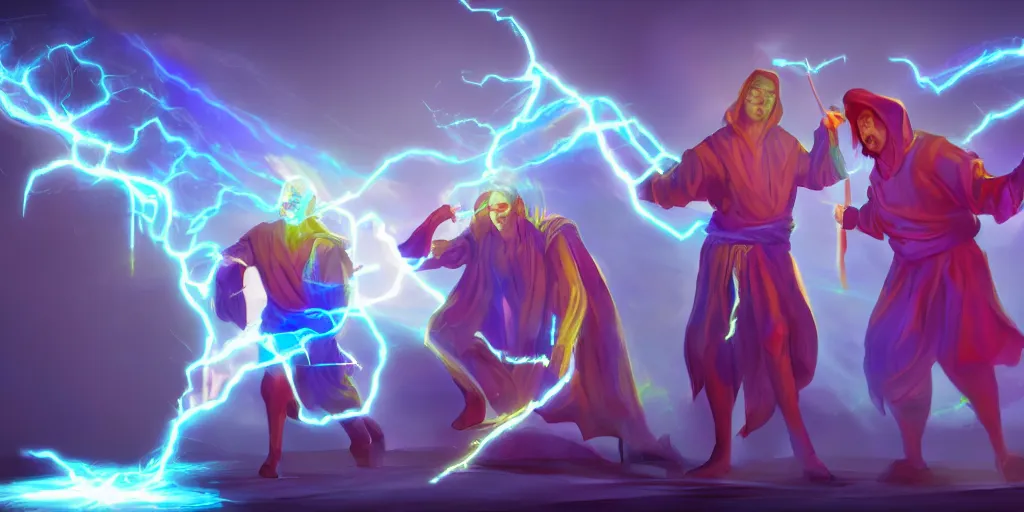 Image similar to a mage and his brother they are in front of the desk working on a new spell that is casting out flowing energy, colorful, flowing energy, light rays, consistent face, medium shot, waist up, sharp, concept art, highly detailed, bloom, dramatic lighting, cinematic