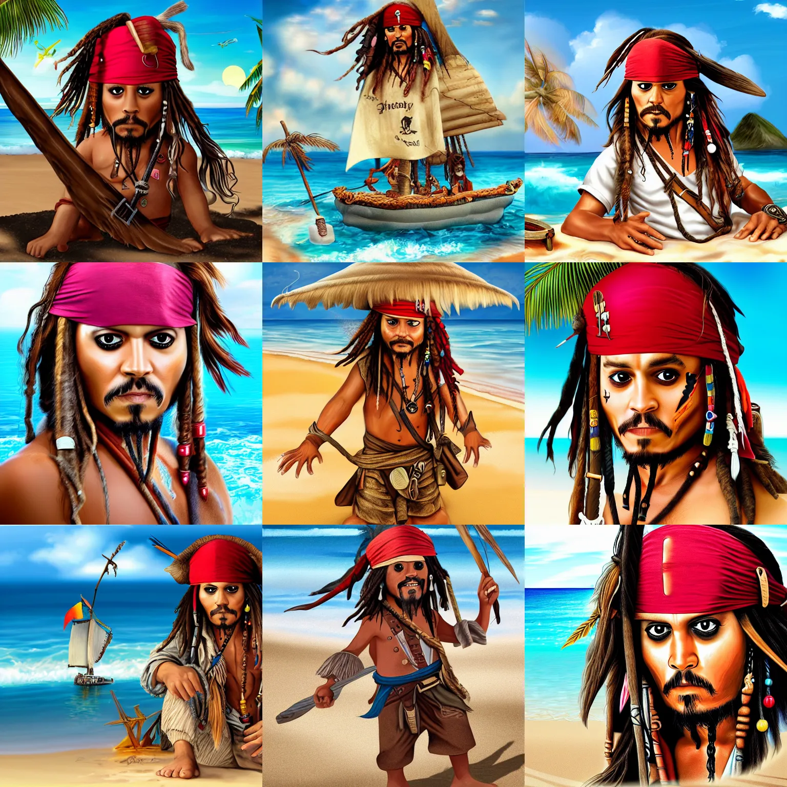 Prompt: jack sparrow as a child, on a beach, sand, water, raft, coconut, playful, tropical, detailed, hyper realistic, digital art