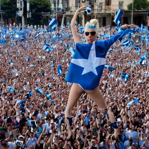 Image similar to Lady Gaga as Evita, Argentina presidential rally, Argentine flags behind, bokeh, epic photo, detailed face, Argentina