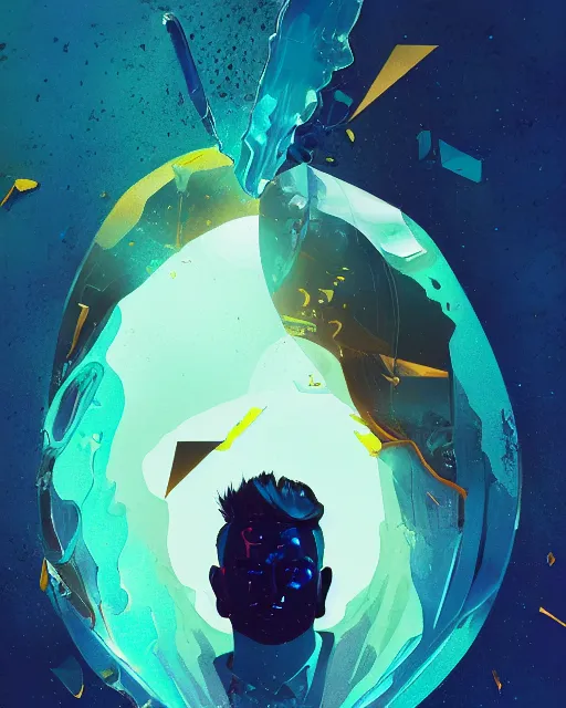 Prompt: shattered glass retro stylized portrait of Elon Musk, cracked obsidian geometric fantasy art, splattering black gold iridescent bubbly underwater scenery, greg rutkowski, loish, rhads, makoto shinkai, lois van baarle, ilya kuvshinov