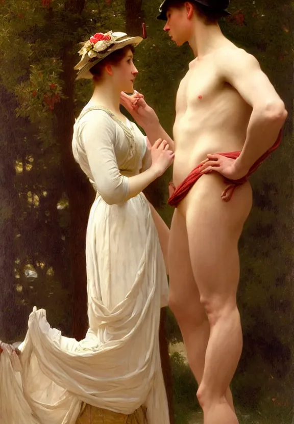 Image similar to attractive handsome fully clothed christopher tietjens confesses his love for attractive fully clothed valentine wannop. parades end. centered composition. highly detailed painting by gaston bussiere and j. c. leyendecker and william adolphe bouguereau and fra angelico and octane render, musee d'orsay 8 k