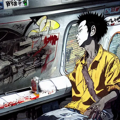 Prompt: tetsuo from akira painting graffiti in a subway train in neo tokyo, post apocalyptic scene, katsuhiro otomo, high detail, 4 k