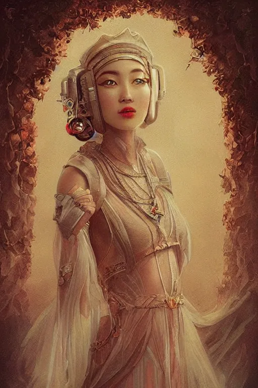 Image similar to intricate, amazing, retro vintage and romanticism, painting by natelle quek, soft color palette, cinematic, highly detailed, godess from space sci - fi of ancient religion