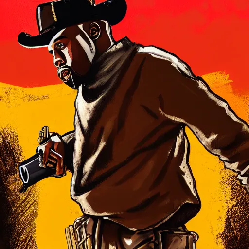 Image similar to kanye west in stephen bliss illustration red dead redemption 2 artwork of kanye west, in the style of red dead redemption 2 loading screen, by stephen bliss, artstation