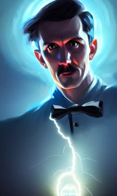 Image similar to nikola tesla, lightning, portrait, sharp focus, fantasy, digital art, concept art, dynamic lighting, epic composition, trending on artstation, by emylie boivin 2. 0, rossdraws 1. 0, artgerm