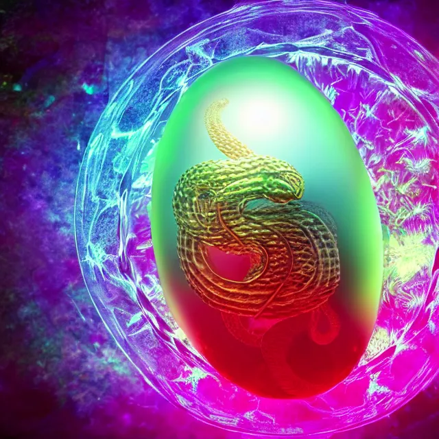 Image similar to a crystal egg breaking open with a great serpent rising out, occult aesthetics alchemy, award winning art, chromatic aberration polychromatic colors