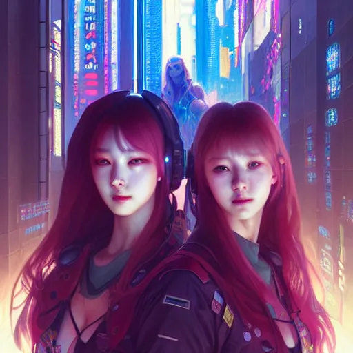 Image similar to painting of cyberpunk chuu loona kpop smiling cheerfully, ultra realistic, concept art, intricate details, eerie, highly detailed, photorealistic, octane render, 8 k, unreal engine. art by artgerm and greg rutkowski and magali villeneuve and alphonse mucha