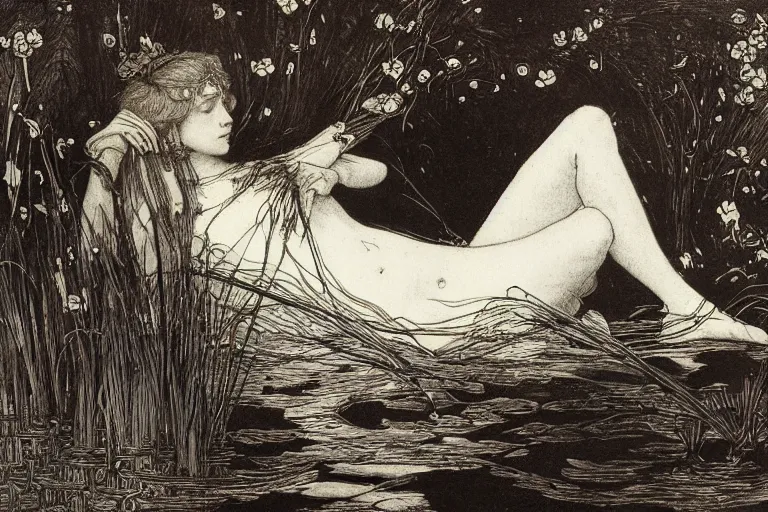 Image similar to ophelia by john everett millais, floating in the water, surrounded by water reeds and flowers, illustrated in the style of aubrey beardsley, black ink, decadent, intricate line art