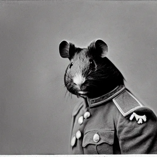 Prompt: A portrait of a guinea pig wearing a Russian WW1 uniform, grainy black and white photograph