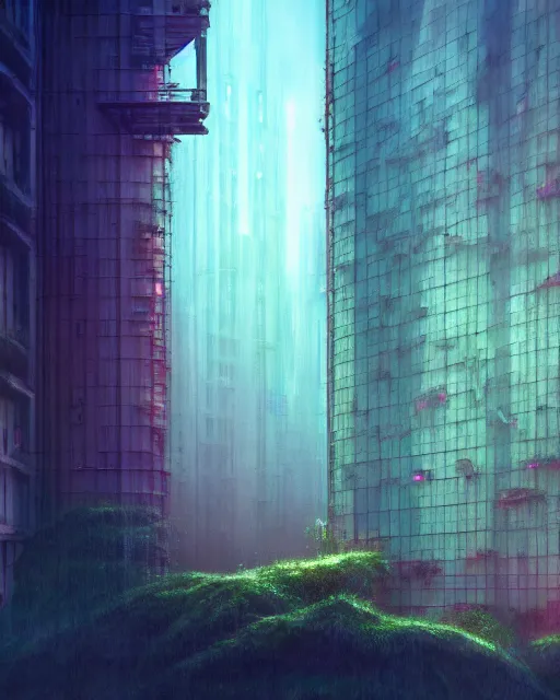 Image similar to a beautiful photorealistic illustration of architecture nature jail abandoned by odile decq, vaporwave postcyberpunk at dawn at dusk, archdaily, wallpaper, highly detailed, trending on artstation.