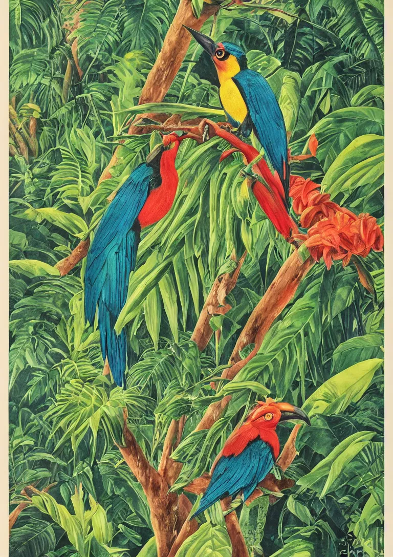 Image similar to 1930s travel poster painting, costa rica rainforest, illustrating plant and animal diversity, with colourful birds, motmot, trogon, toucan, sloth, ctenosaur, bromeliads, syngonium, philodendron