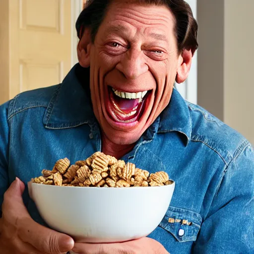 Prompt: jim varney pouring out a box of cereal into a white bowl laughing hard with large buck teeth, award winning cereal commercial