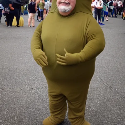 Prompt: A man poorly cosplaying as a snail