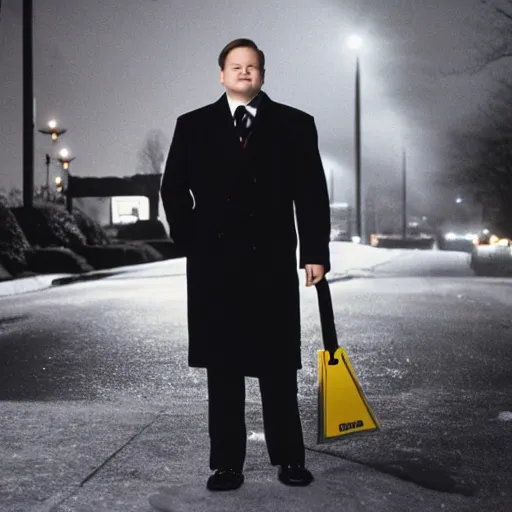 Image similar to 1 9 9 8 andy richter wearing a black wool coat and necktie in his car walking a dark residential street in chicago at night, dimmed yellow streetlights