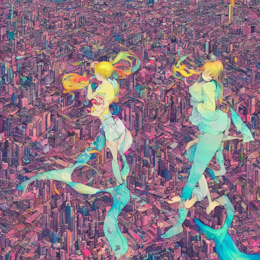 Image similar to a very detailed art of a goddess above a city by inio asano, beeple and james jean, hiroyuki takahashi color scheme, digital art, 4 k, trending on artstation