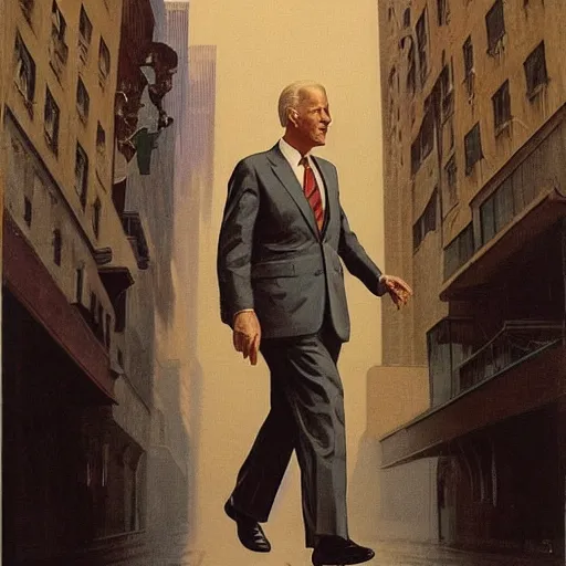 Image similar to immense, majestic joe biden striding through the streets of art deco city, perfectly clear face, by j. c. leyendecker and beksinski