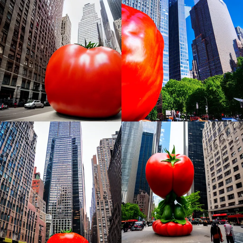 Image similar to a photograph of a gigantic extremely big tomato statue, in the middle of new york, shot with premium dslr camera