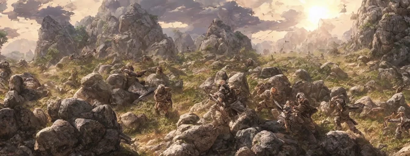 Prompt: calvary soldiers being bombarded by rocks and boulders on the battlefield. hyperrealistic anime background illustration by kim jung gi, extremely detailed faces, intricate linework, smooth, super sharp focus, bright colors, high contrast, matte, octopath traveler, studio ghibli, unreal engine 5 highly rendered, global illumination, radiant light