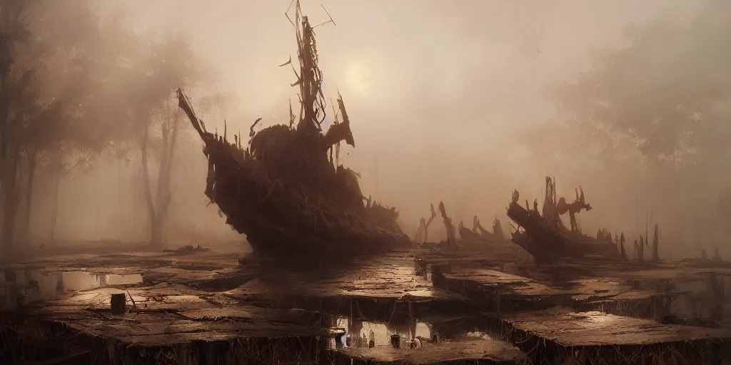 Prompt: masterpiece painting of swamp with wooden ship carcasses, foggy, torchlight, by greg rutkowski and noah bradley, trending on artstation