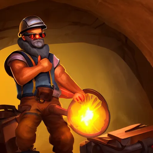 Prompt: portrait of a miner with headlamp as a character in the game League of Legends, dimly lit tunnel, detailed rugged face, old 3d graphics