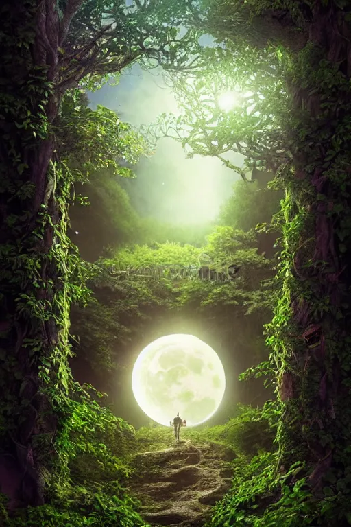 Prompt: book cover example, ivy on the right side and left side, high quality fantasy stock photo, unsplash transparent, forest and moon, intricate detail, elegant, hyper realistic, ultra detailed, octane render, volumetric cinematic lighting, 8 k post - production