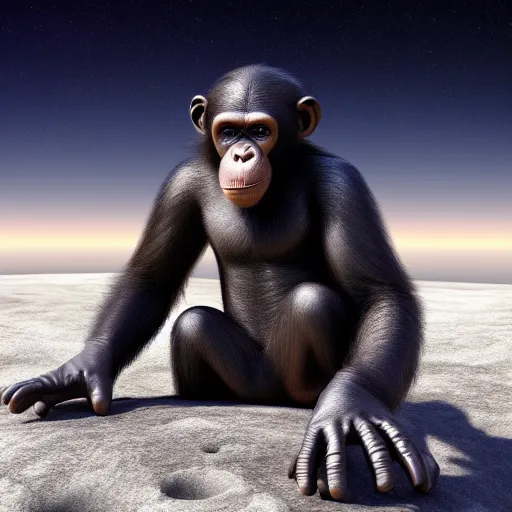 Prompt: 3 d rendering of a chimpanzee on the moon, artstation hd