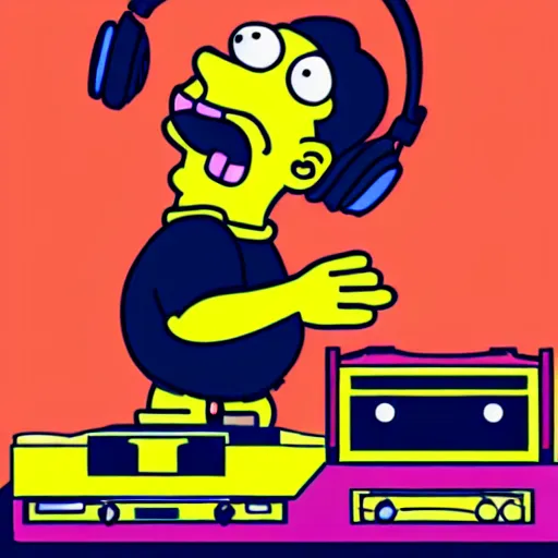 Prompt: svg sticker of a Homer-Simpson at a rave, spinning records, giant headphones rocking out, wearing headphones, huge speakers, dancing, rave, DJ, spinning records, digital art, amazing composition, rule-of-thirds, award-winning, trending on artstation, featured on deviantart