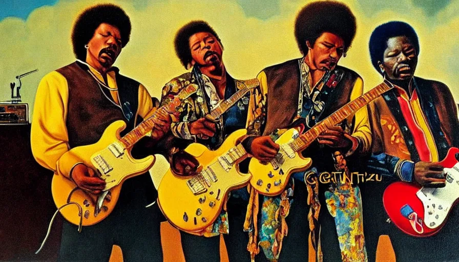 Prompt: photorealistic painting of tim maia, jimi hendrix and b. b king, with very highly detailed face, jamming with electric guitars, sitting on fluffy clouds. realism, beautiful, dramatic by grant wood, johannes vermeer and leonardo da vinci