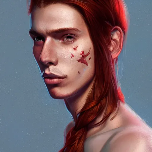 Image similar to portrait of a thin young man with long red hair, ponytail, a lot of freckles on his face, intricate, elegant, glowing lights, highly detailed, digital painting, artstation, concept art, smooth, sharp focus, illustration