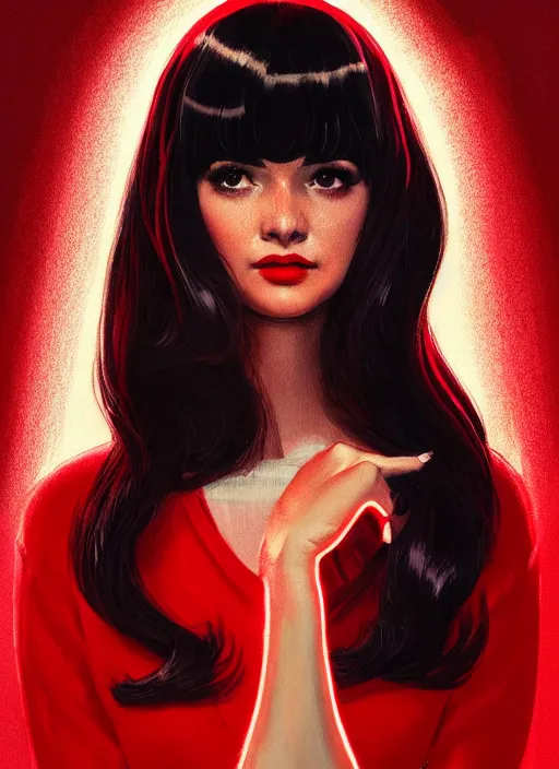 Image similar to portrait of veronica lodge with bangs, 1 9 6 0 s, long hair, red clothes, bangs, intricate, elegant, glowing lights, highly detailed, digital painting, artstation, concept art, smooth, sharp focus, illustration, art by wlop, mars ravelo and greg rutkowski