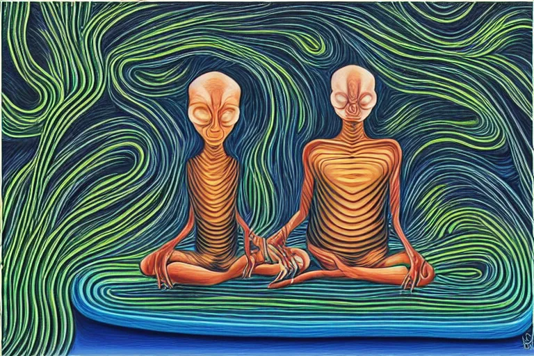 Image similar to painting of a terrified alien meditating under a tree by alex grey, acrylic art, dreadful, soothing, somber, elegant, soft light,