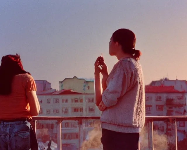 Image similar to lomo photo of pair standing on small hrushevka balcony full with cigarette smoke in small russian town looking at sunset, cinestill, bokeh