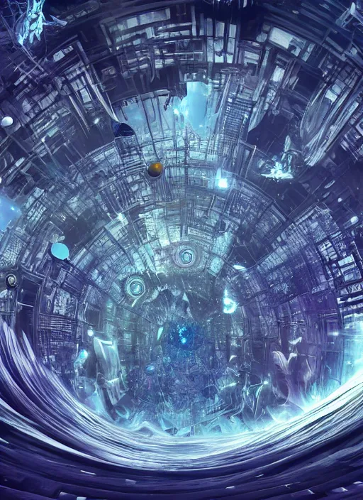 Image similar to the machine universe encounters a living cosmos inside an asymmetric orthogonal non - euclidean upside down inside out world with an infinite cosmic spiral waterfall of living information, inspired by android jones, hyperrealistic, digital art, futuristic sci - fi concept art, rendered in cinema 4 d, cryengine 4 k