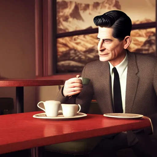 Prompt: Dale cooper from twin peaks sipping coffee and diner, photorealistic, realistic 4k octane beautifully detailed render, 4k post-processing, highly detailed, intricate complexity, epic composition, magical atmosphere, cinematic lighting, masterpiece, ultra hd