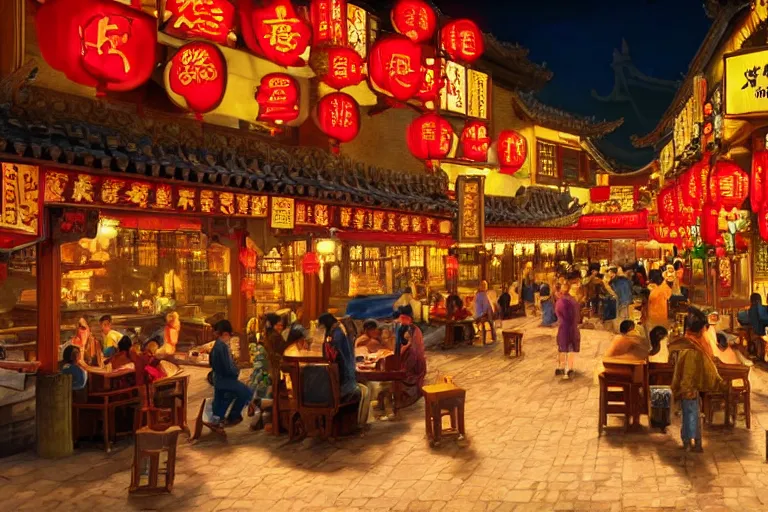Image similar to a still from a pixar movie of a bustling tavern in china, at night