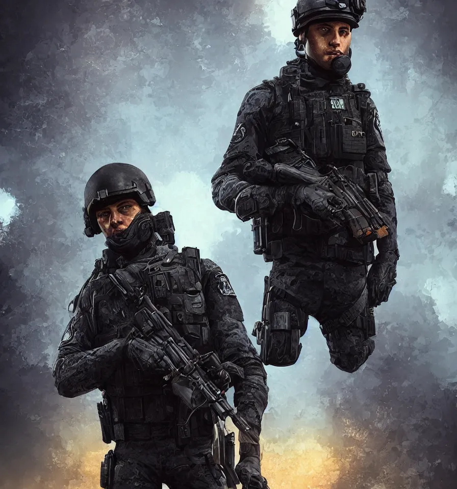 Image similar to still next - gen full - body portrait of swat officer, dramatic look, unreal engine 5, ray tracing, extremely detailed, 5 0 mm bokeh, photorealistic arstation, by ian pesty and alena aenami