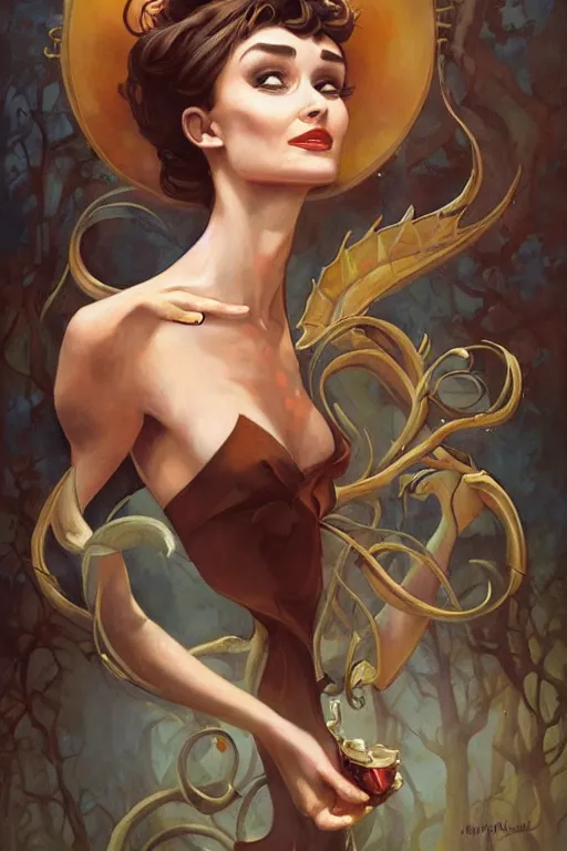 Image similar to Audrey Hepburn by Peter Mohrbacher in the style of Gaston Bussière, Art Nouveau