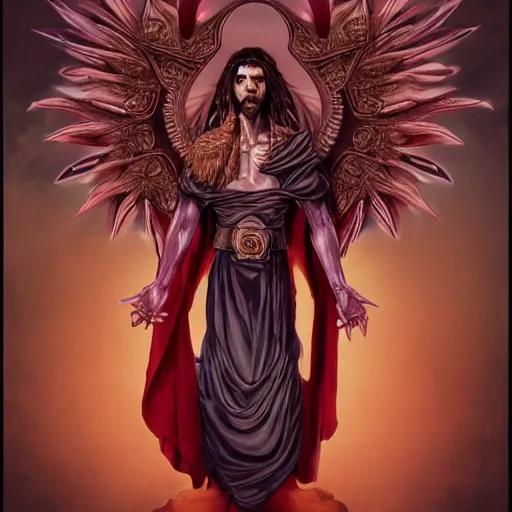 Image similar to 4K headshot portrait of godlike Warlock of Nazareth with defined arms and open hands and bloody clothes with giant mandala wings , intricate face , flawless anime cel animation by Kentaro Miura, psychedelic , highly detailed upper body , professionally post-processed , beautiful, scary, symmetry accurate features, epic, octane rendered, anime masterpiece, accurate by Craig Mullins, ilya kuvshinov, krenz cushart, epic , artgerm trending on artstation by Edward Hopper and Dan Mumford and WLOP and Rutkovsky, beksinski carl spitzweg moebius and tuomas kocar, intricate artwork by caravaggio, Unreal Engine 5, Lumen, Nanite