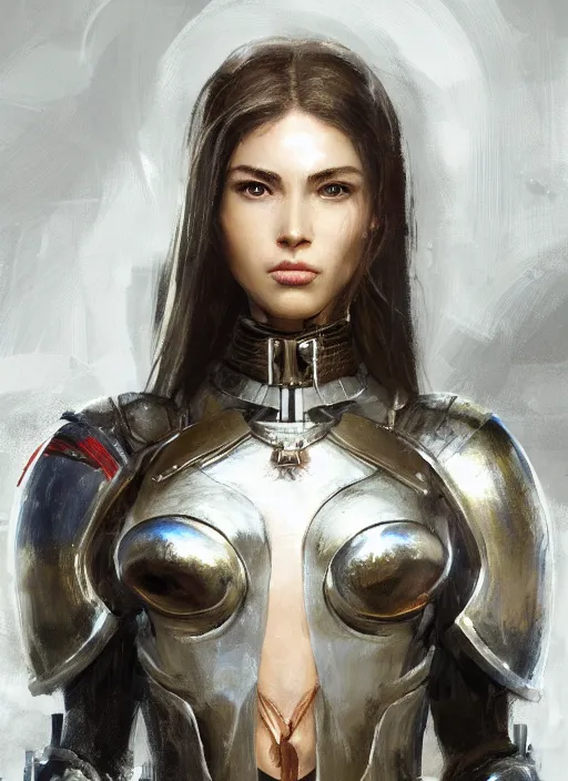 Image similar to a professional painting of a beautiful young female, clothed in military armor, olive skin, long dark hair, beautiful bone structure, symmetrical facial features, intricate, elegant, digital painting, concept art, smooth, sharp focus, illustration, from Metal Gear, by Ruan Jia and Mandy Jurgens and Artgerm and William-Adolphe Bouguerea